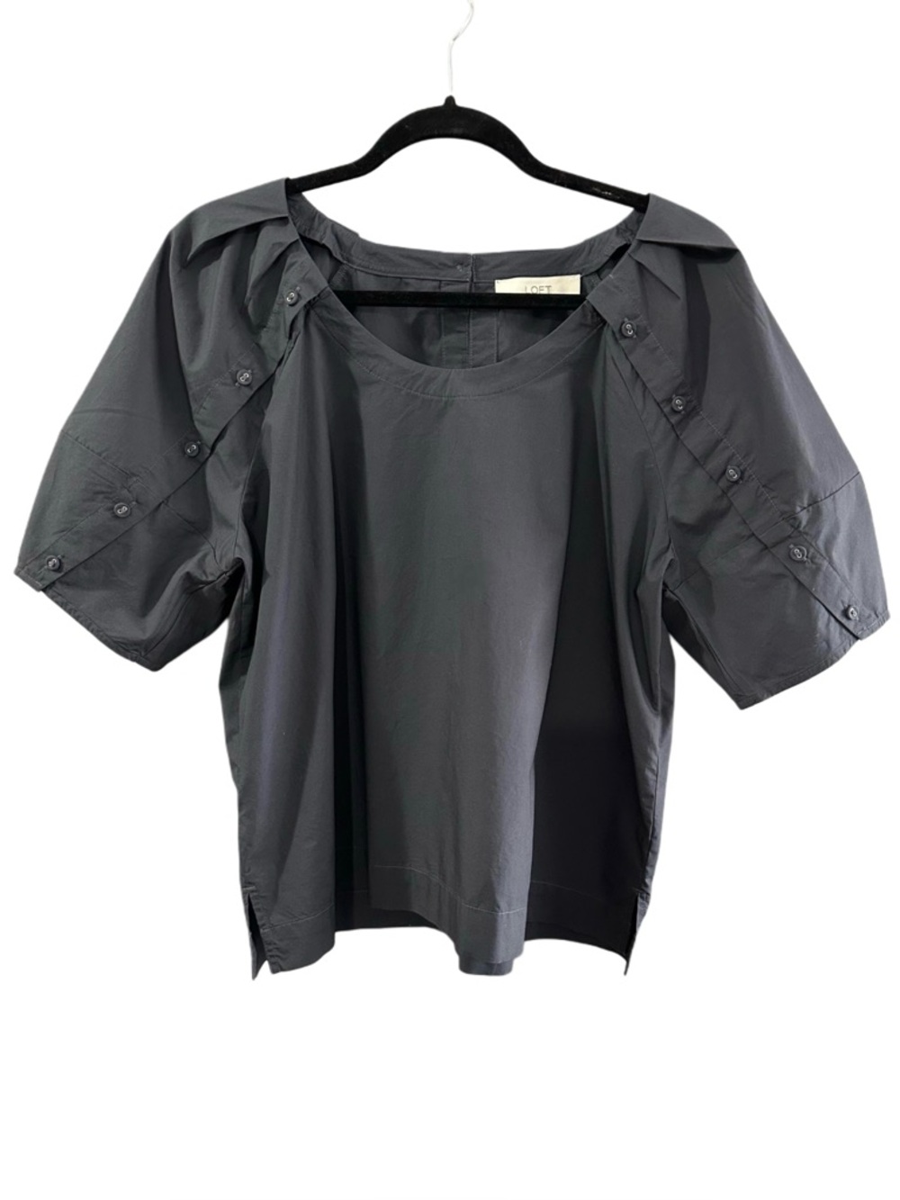 LOFT Dark Gray Cotton Blouse M Button Detail Puff Sleeve Popover Top 42” Bust